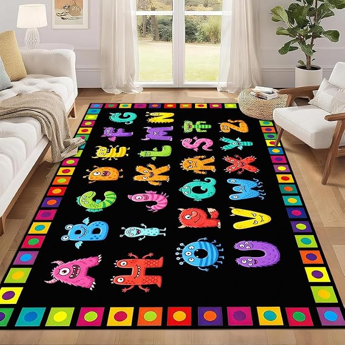 Alphabet Monster Area Rug for Kids 4'x6' Colorful ABC Learning Carpet Non Slip Educational Play Mat for Nursery Bedroom Playroom Classroom Living Room Home Decor
