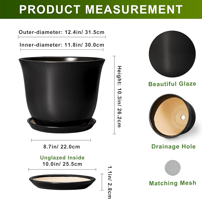 Ceramic Plant Pots - 12 Inch Plant Pot for Indoor Plants Outdoor, Large Planter with Drainage Hole and Saucer, Round Planters, Modern Flower Pot, Garden Patio Home Decor, Garden Gift, Black