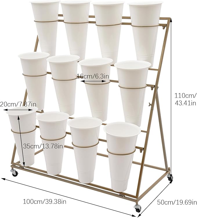 Flower Display Stand with 12 Buckets, 3 Layer Metal Plant Stand Indoor with Wheels, Heavy Duty Moving Flower Cart Flower Rack for Outdoor Patio, Garden, Florist