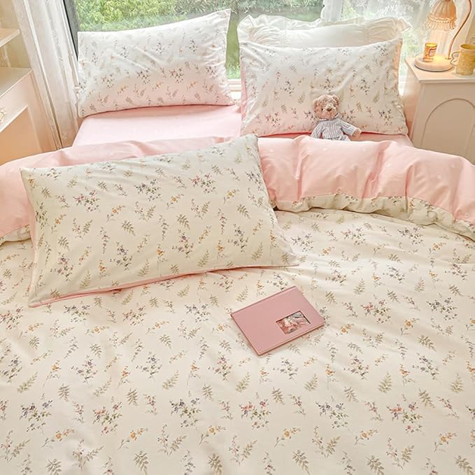 Nayoroom Pink Floral Duvet Cover Full Size Green Botanical Leaf Printed on White Reversible Coquette Bedding Set 3 Pcs Soft Microfiber Spring Cottagecore Comforter Cover with Zipper Closure