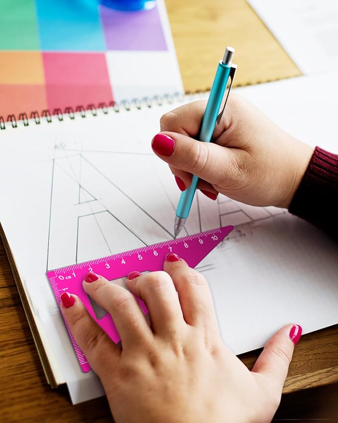 Honagu Triangular Ruler Set, 4 Pieces Aluminum Alloy Ruler, Metal Drafting Ruler, Geometric Protractor for Students, Draftsmen, Engineers, School Office Supplies (Pink)