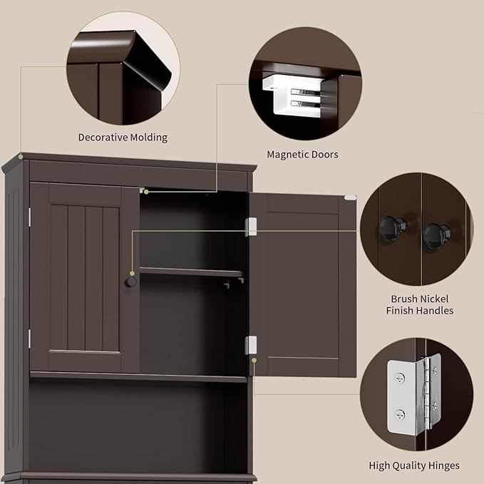 Gizoon Over the Toilet Storage Cabinet with Adjustable Shelf and Double Doors, Bathroom Space Saver Organizer Above Toilet with Open Shelf, Taller Wooden Free Standing Toilet Rack -Espresso