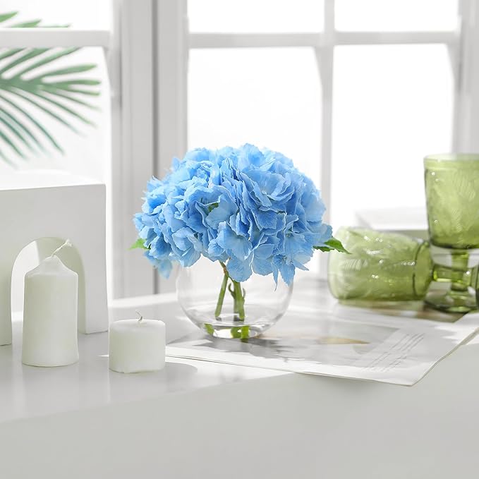 Blue Hydrangea Artificial Flower with Vase Fake Flower in Glass Vase with Faux Water for Home Bathroom Office Table Centerpiece Shelf Decorations Flowers