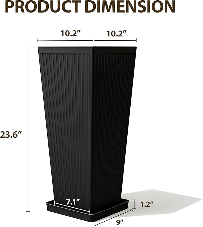 Tapered Tall Planters for Outdoor Plants 2 Pack- 23.6 Inch Square Indoor Flower Pots with Drainage Holes and Partition/Tray Saucers, Large Outdoor Planters for Porch Patio Garden, Black