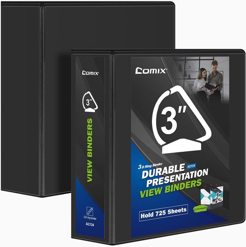 Comix 3-Inch Durable D-Ring Binder - Holds 725 Sheets of US Letter Size Paper | 2 Pack (Black)