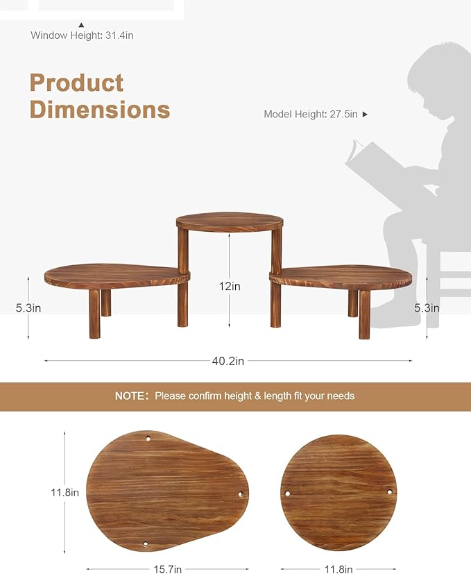 Convex Corner Plant Stand Indoor Outdoor, Wood Adjustable Plant Shelf, Long Flower Stand for Small Apartment Living Room Balcony, Carbonized Color