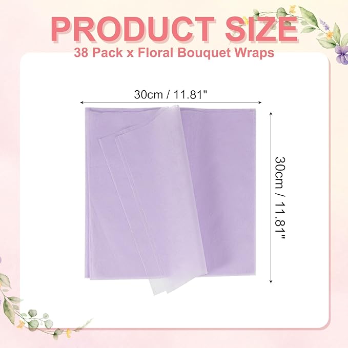 YELARXI Flower Wrapping Paper, Cotton Wrapping Flower Paper, Non-Woven Waterproof Floral Bouquet Wraps - Fitting for (Florist Supplies/Gift) 11.8 x 11.8 Inch & 38 Pack & Light Purple