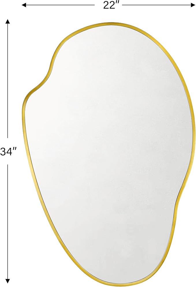 TOMACE Brushed Gold Asymmetrical Irregular Wall Mirror,22''x 34'' Unique Brass Frame Wall Mounted Mirror for Bathroom,Entryway,Nursery