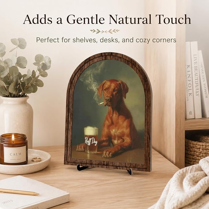 Farmhouse Wood Decor, Funny Dog Tabletop Decor Sign, Arched Wooden Frame with Stand, Vintage Animal Portrait Decoration, Rustic Home Bar Desk Art, Gift for Dog Lovers and Friends
