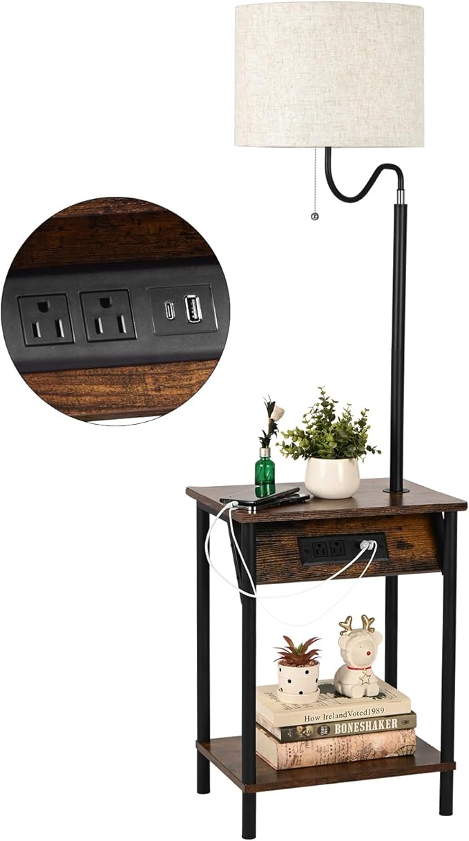 FIMEI Floor Lamp with Table, End Table with Charging Station USB Ports & Outlets, Bedside Table 3 Color Temperature Reading Light, Nightstand with Shelves for Living Room, Bedroom, Apartment