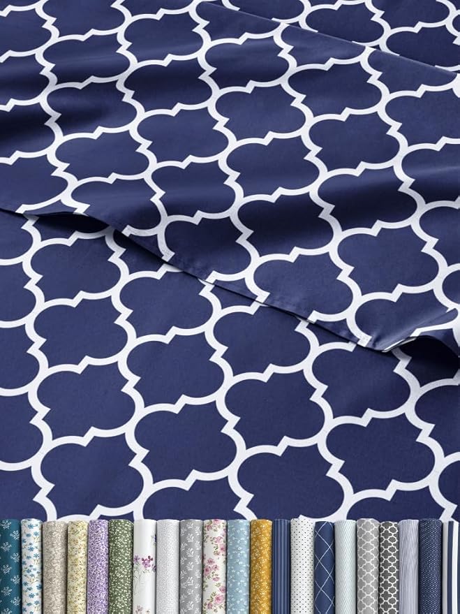 Blue Geometric Bed Sheets - 1 Flat & 1 Fitted Sheet & 2 Pillowcases w/ Deep Pockets – Wrinkle & Fade Free- Ultra-Soft, Breathable and Cooling - Luxury Moroccan Bed Set – King Size - Navy Quatrefoil