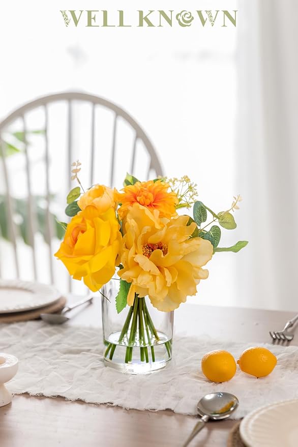 WELL KNOWN Artificial Flowers in Glass Vase with Fake Water, Silk Peony Rose Flower Bouquet for Home Dinning Tea Table, Office Desktop, Hotel, Wedding, Party, Lavatory Decor & Gift (Yellow & Orange)