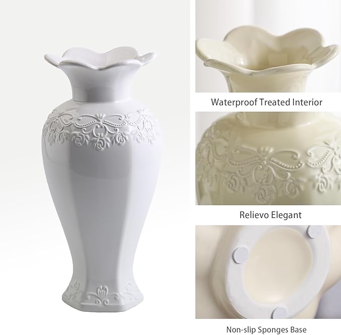 Relievo Elegant White Cream 8in 11in Ceramic Flower Tall Aesthetic Beige Table Tulip Wide Mouth Rose Filler Decorative Rustic Vase Decor for Home (White Vase, L)