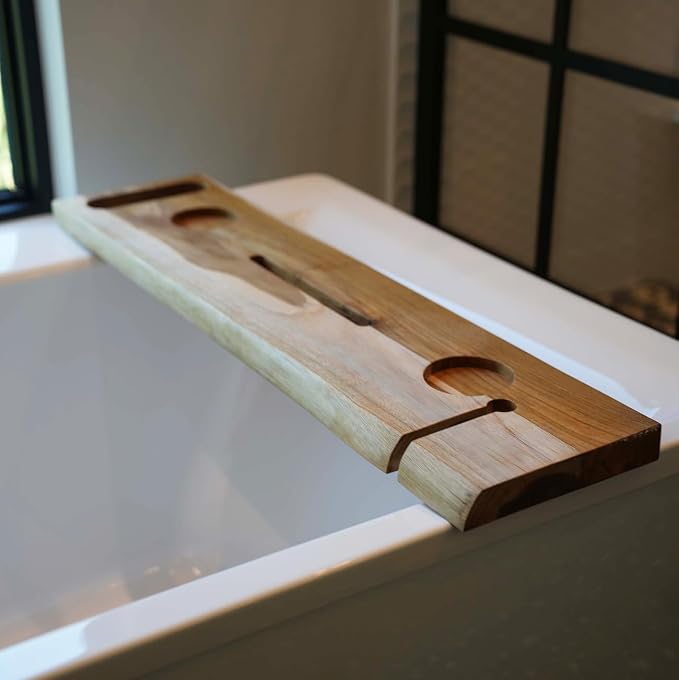 EcoDecors Eleganto 36" Live Edge Solid Teak Bath Caddy Tray with Handle, Book & Tablet Holder, Wine Glass Holders, Luxury Bathtub Tray