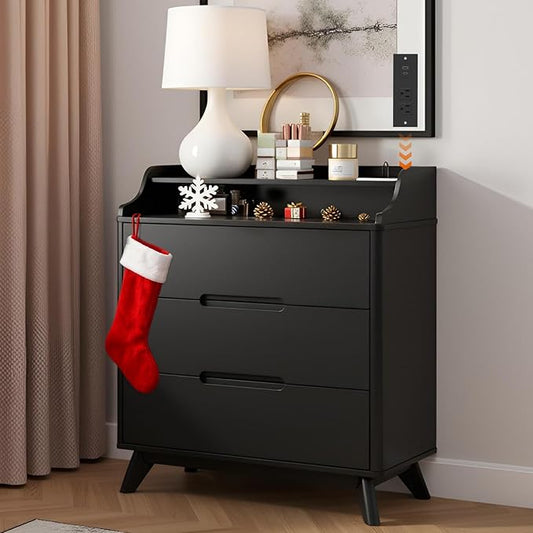 3 Drawer Dressers for Bedroom, 32" Large Wood Storage Dresser & Chest of Drawers with Charging Station, Wide Modern Dressers with 3 Drawer Storage Organizer for Bedroom Living Room Closet, Black