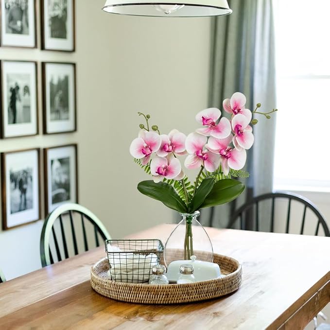 Oairse Pink Orchids Artificial Flowers, Faux Orchid in Glass Vase Real Touch Small Phalaenopsis Orchid Flowers Arrangements with Clear Vase Orchids Centerpiece for Dining Room Table