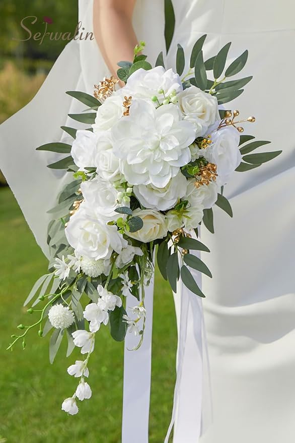 Serwalin 10 Inch Wedding Bouquets for Bride,Ivory Bridal Bouquet of Fake Flowers, Bridesmaid Bouquets for Wedding Ceremony Bridal Shower and Anniversary Day Decor
