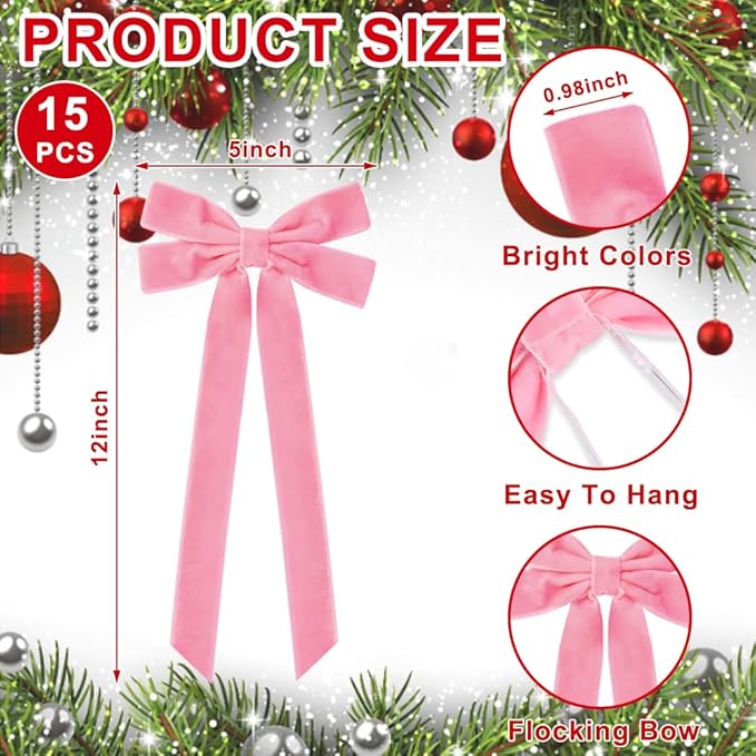 JOICEE 15Pcs Pink Velvet Bows, 5in x 12in Christmas Tree Wreath Bows Rustic Crafts Gift Ribbon Bows for Christmas Decorations Indoor Outdoor Birthday Party Wedding Holiday Decor