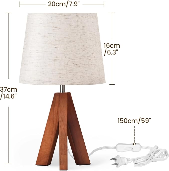 Tripod Table Lamp, 14.6 Inch Small Bedside Lamp with Beige Linen Shade, Modern Nightstand Lamp for Bedroom, Kids Room, Living Room, Nursery, Office, E26 Socket, Dark Wood Base, LE51TL05