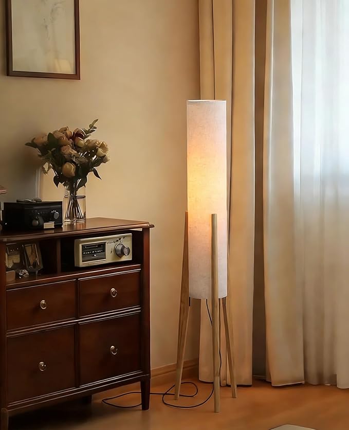 Natural Wood Tripod Floor Lamp, 48.8 in High Vintage Style Cylinder Floor Lamp with White Fabric Lampshade, Mid Century Modern Floor Lamp for Bedroom Living Room Home Office (Natural)