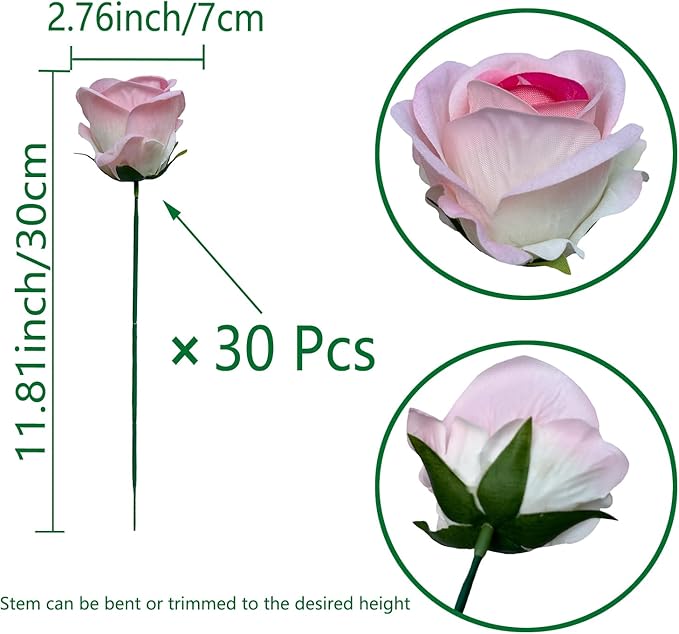 FagusHome 30 Pcs Silk Rose Artificial Flowers Roses Bulk Bouquet Fake Flowers Rose Heads with Stems for Home Wedding Decor (Pink)