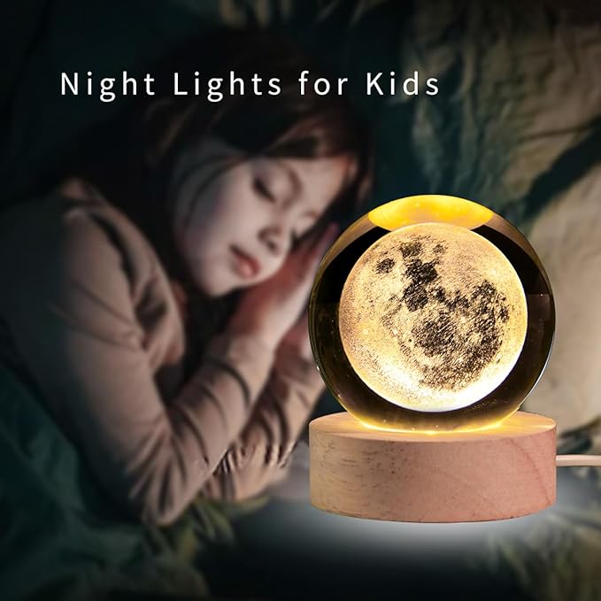 3D Moon Crystal Ball with LED Stand, Moon Figurine Decor Glass Sphere Lamp, Space Planet Globe Night Light Gifts for Women Men Mom Kids