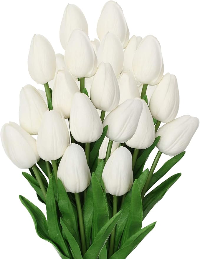 20 Pcs White Tulips Artificial Flowers Real Touch Fake Tulips Fake Flowers for Mother's Day 13.5" Faux Tulips Faux Flowers Bulk Artificial Tulips Flowers for Vase Centerpieces Home Wedding Bouquet