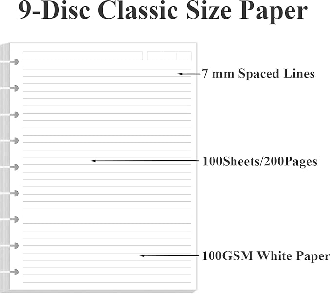 9 Disc Lined Paper Refills for Happy Planners - 100 Sheets/200 Pages Classic Size Lined Paper with 5 Sheets Dividers, 7" x 9.25"