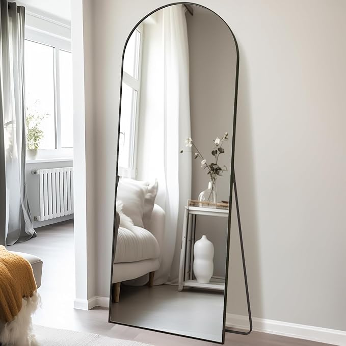 Dewfig Arched Full Length Mirror, 64"x20" Gold Mirror with Stand, Full Body Mirrors for Leaning Against or Wall Mounted, Large Floor Mirrors for Bedroom, Living Room, Black