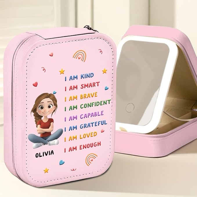 Wrappiness Girls & Women Lovely Makeup Box With LED Mirror - Personalized Jewelry Box Organizer Portable Ideal for Travel, Gift for Daughters Sisters Friends (Kind Smart Loved, Teen Girls)