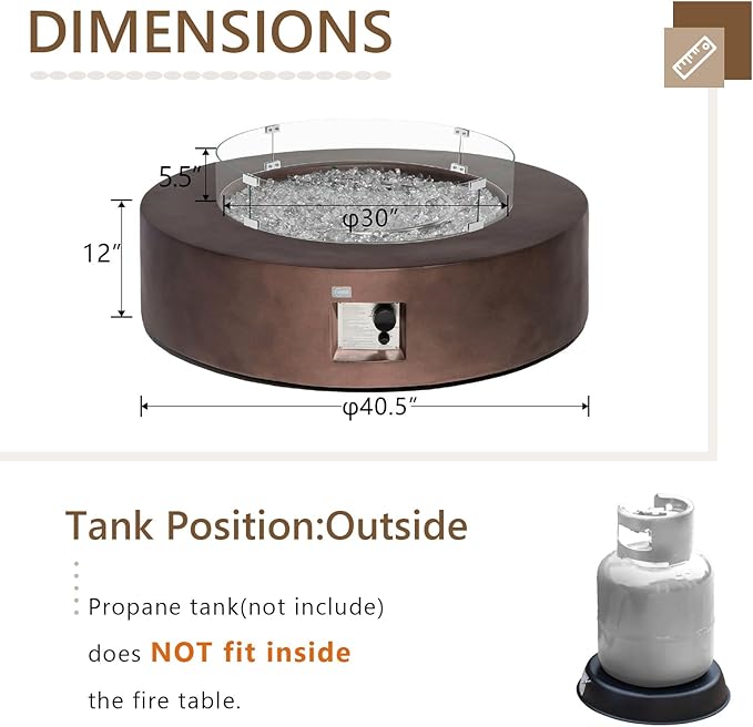 COSIEST Outdoor Propane Fire Pit Coffee Table w Bronze 42 inch Round Base Patio Heater, Certified, 50,000 BTU Stainless Steel Burner, Wind Guard, Transparent Gray Fire Glass, Waterproof Cover