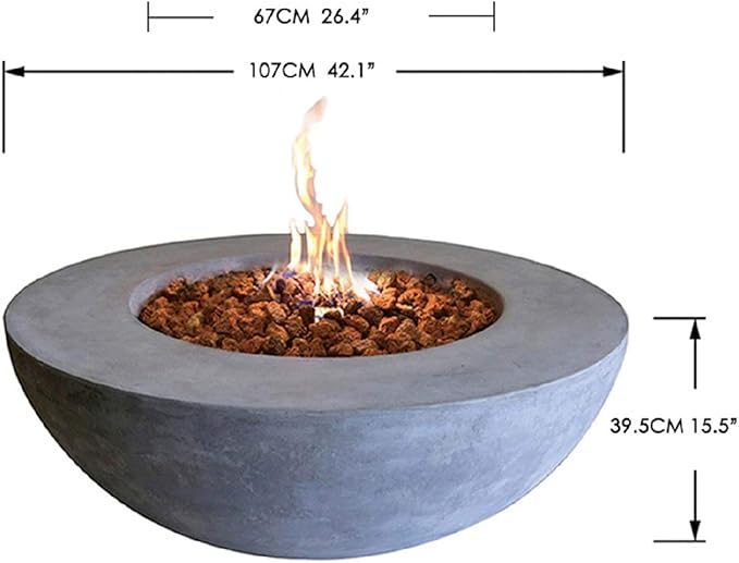 Elementi Lunar Bowl Fire Pit Bundle Outdoor Firepit Set Includes 42” Propane Concrete Firepit Bowl, Glass Windscreen, Stainless Steel Cover, Canvas Cover, Lava Rocks