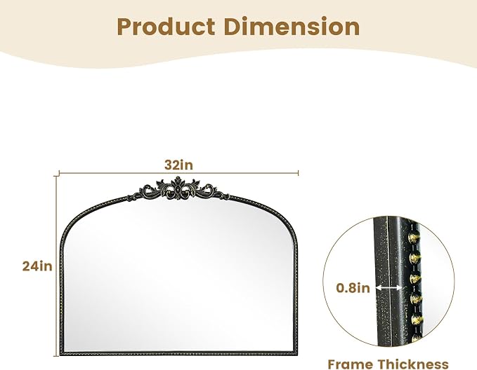 WallBeyond Black Vintage Mirror for Vanity 32x24 Inch, Black Antique Mirror with Ornate Frame, Arched Vintage Wall for Bathroom, Living Room, Fireplace, Entryway