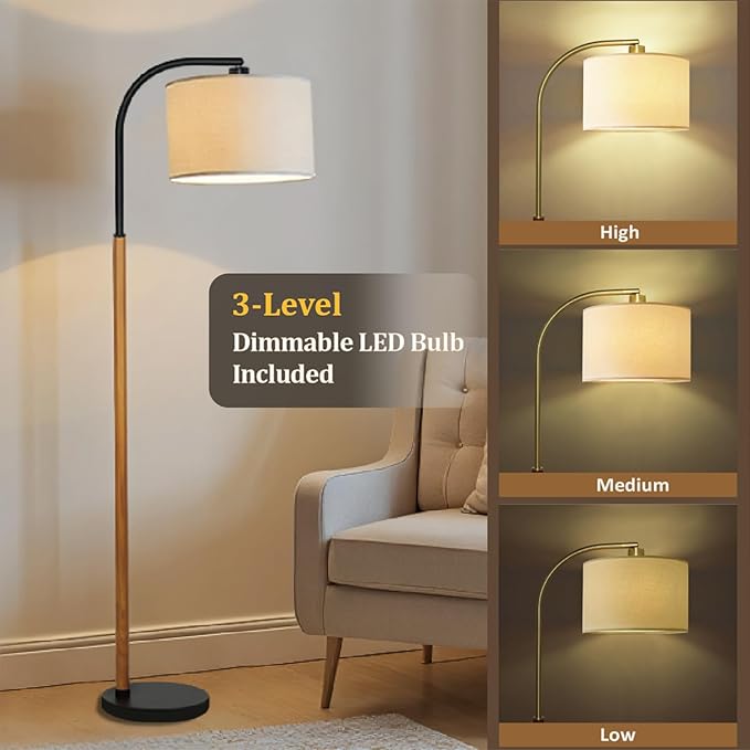 66” Brown Black Arc Floor Lamps for Living Room, 1200 Lumens 3-Level Brightness Wood Floor Lamp for Bedroom, Vintage Mid Century Black Standing Lamp, Adjustable Lampshade, LED Bulb Included