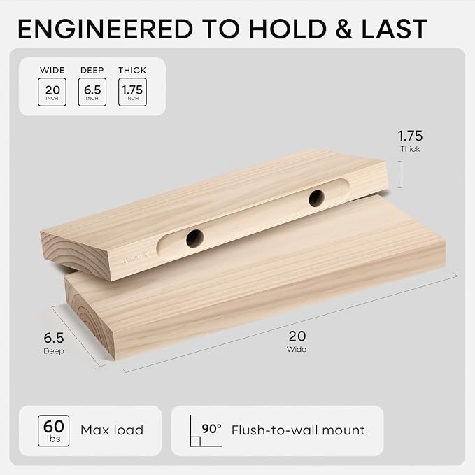 Homeforia 20 inch Wood Floating Shelves, High End Solid Natural Wood 20inch Floating Shelf for Wall Mounted, Unfinished Wooden 20in Floating Shelves, Heavy Duty Bracket, 20 X 6.5 X 1.75 inch, Set of 3
