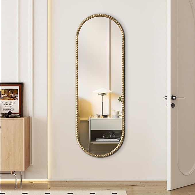 Antique Gold Full Length Mirror Oval Full Body Wall Mirror Baroque Beaded Mirrors Gold Metal Framed Decorative Wall Mirror for Bedroom Entryway 47"X16"