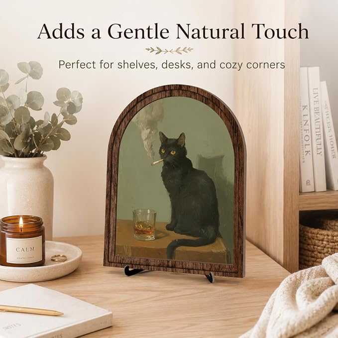 Wooden Sign with Stand Decoration, Black Cat Decor Arched Wooden Frame Tabletop Sign, Vintage Gothic Cat Portrait Shelf Decor for Bedroom Living Room Desk Bookshelf Mantel Office