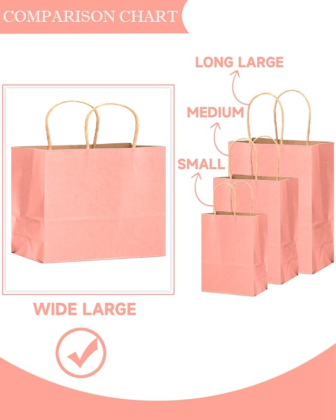 qiqee 13"x4.5"x10" Large Gift Bag with Handles Bulk 32PCS Gift Paper Bags Light Pink Bags Multiple Uses (Wide Large)