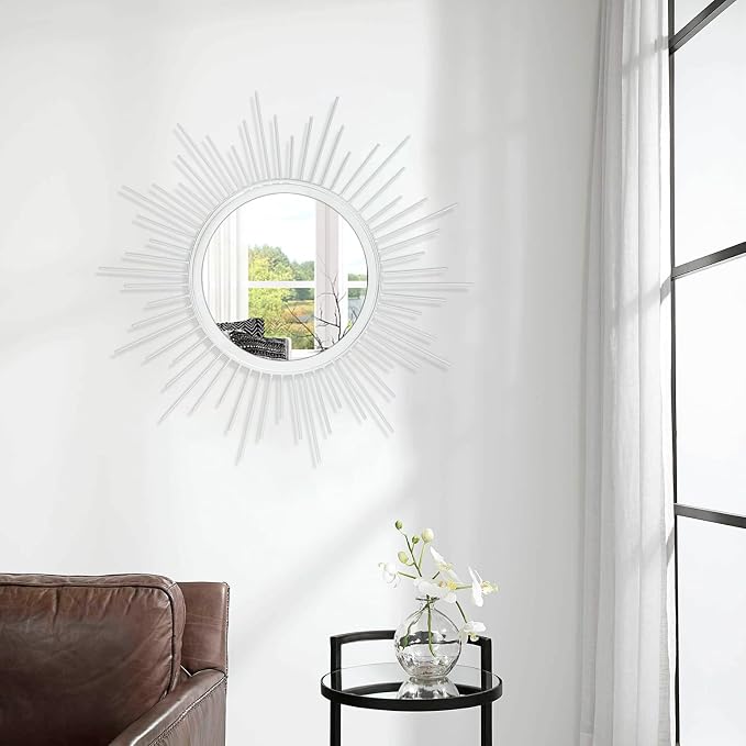 Mirrors for Wall Sunburst Decor Art Mirror Bohemian Home Round Modern Metal Mirror for Bedroom Living Room Hallway Bathroom Balcony Farmhouse White 24" x 24"