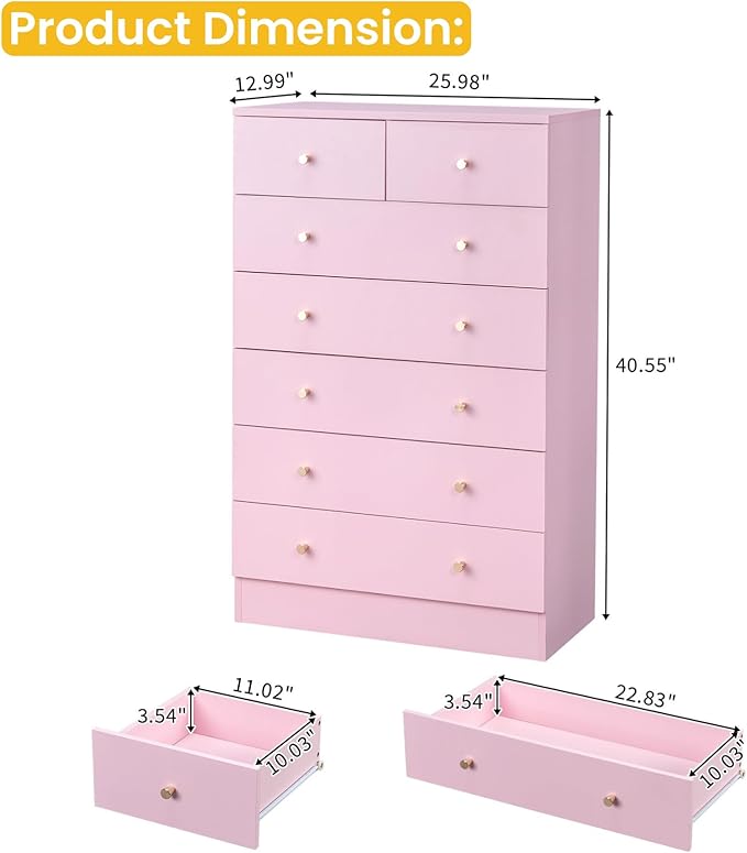 Karl home Pink 7 Drawer Dresser for Bedroom, Tall Dresser Chest of Drawers, Wood Pink Bedroom Dressers for Girls, Anti-Tipping Device, Rose Gold Metal Handle, Living Room, Entryway, Hallway, Office
