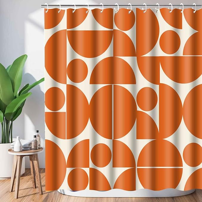 Vintage Orange Mid Century Modern Shower Curtain Boho Abstract Geometric Art Shower Curtains for Bathroom Decor 72x78 Inch 70s 80s Retro Washable Fabric Bathroom Set with 12 Hooks