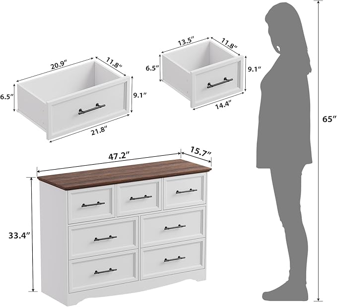 White Dresser for Bedroom, Modern 7 Chest of Drawers, 47" Wide Chest of Drawers w/Brushed Metal Handle, Wood Closet Organizers and Storage Cabinet for Bedroom, Living Room, Hallway
