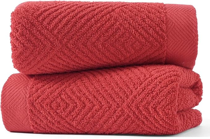 sense gnosis Red Hand Towel Set of 2 Striped Weave 13 X 29 Inch | Premium 100% Cotton Herringbone Pattern Ultra Soft Highly Absorbent Hand Towel for Bathroom