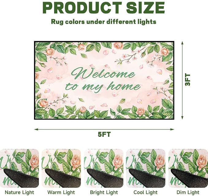 Welcome Rug Floral Area Rug for Entryway Bedroom Living Room Nursery Playroom Classroom Home Decor Pink Rose Green Leaf Carpet Non-Slip Washable Floor Mat,3'x5'