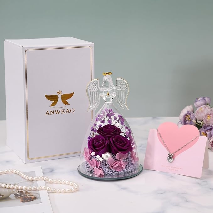 ANWEAO Christmas Flower Gifts for Mom,Angel Rose Gifts for Women,Glass Angel Figurine with Preserved Three Purple Roses,Forever Flowers Women Christmas Birthday Gifts for Mom Grandma Wife Her Friend