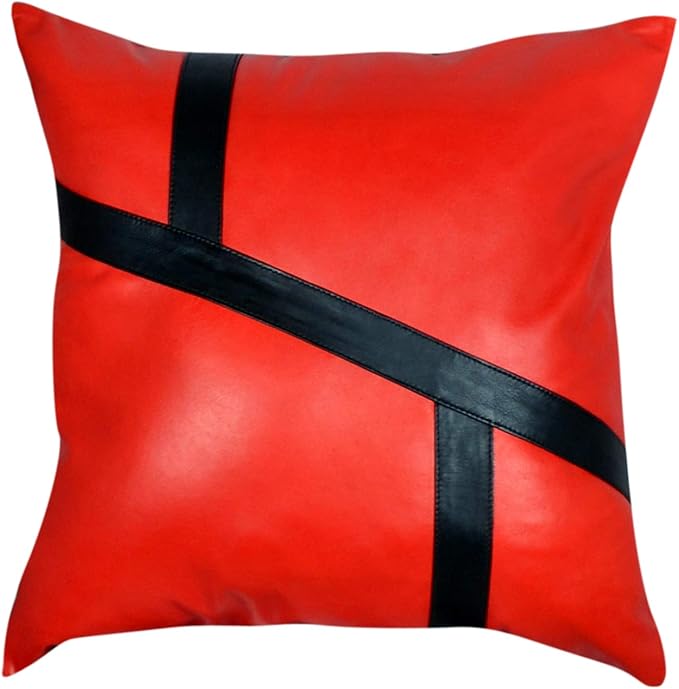 D DOLLY LAMB Lambskin Leather Pillow Cover - Sofa Cushion Case - Decorative Throw Covers for Living Room & Bedroom, 22x22 Inches - 03 Red Pack of 1