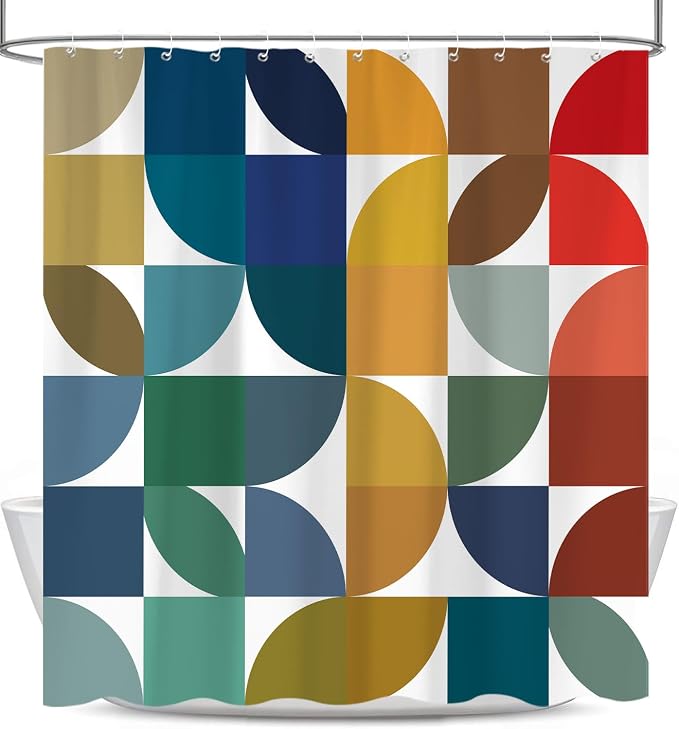 Colorful Mid Century Modern Shower Curtain, Boho Abstract Geometric Retro Art Shower Curtains for Bathroom, Rainbow Unique Cute Pattern Polyester Fabric Bathroom Set 12 Hooks 72X78IN