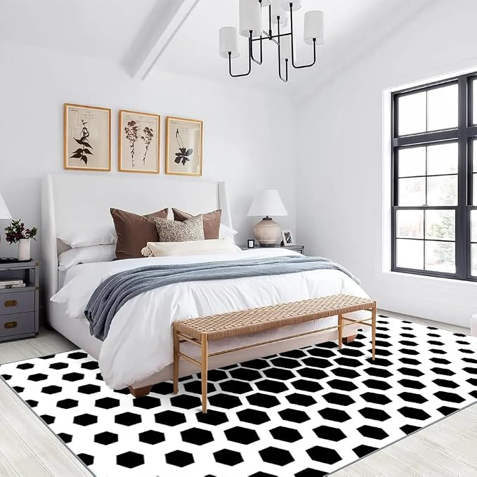 Modern Geometric Area Rugs, Black White Honeycomb Carpet, Washable Non Slip Low Pile Soft Rug for Living Room Bedroom Decor Mat 5x6ft