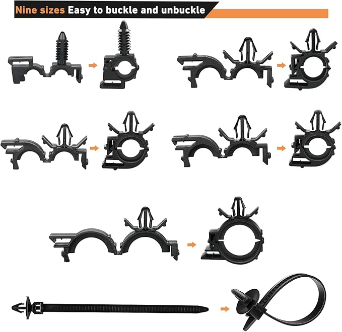 GOOACC 130Pcs Car Wire Loom Routing Clips Assortment - 9 Different Sizes Universal Wiring Harness Routing Clip Replacement Parts for Honda GM Mazda