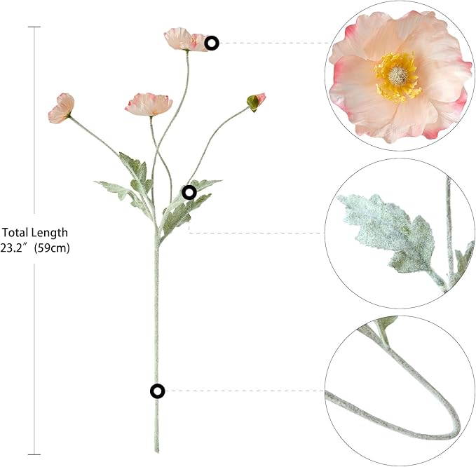 6PCS Champagne Pink Poppy Flowers Artificial Faux Flowers with Silk Stems Poppies Spring Bouquets for Home Party Halloween Centerpiece Table Baby Shower Decor